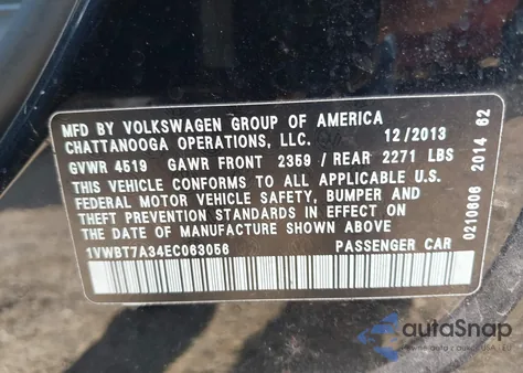 2014 Volkswagen Passat 1.8T Se из США, поврежденный, VIN 1VWBT7A34EC063056